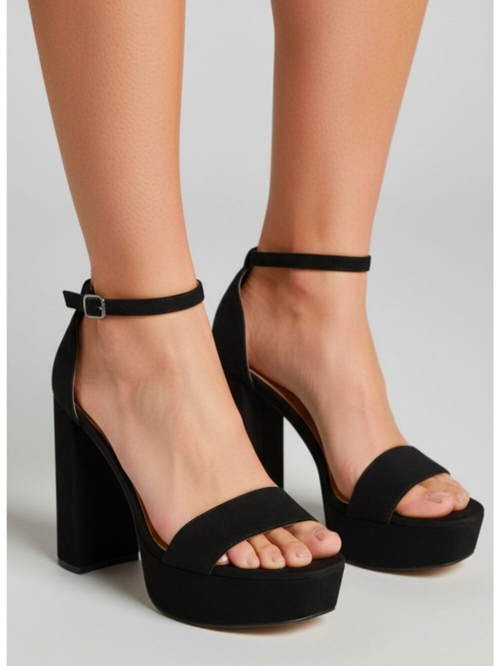 Black Platform Block Heel Sandals With Adjustable Ankle Strap For Women